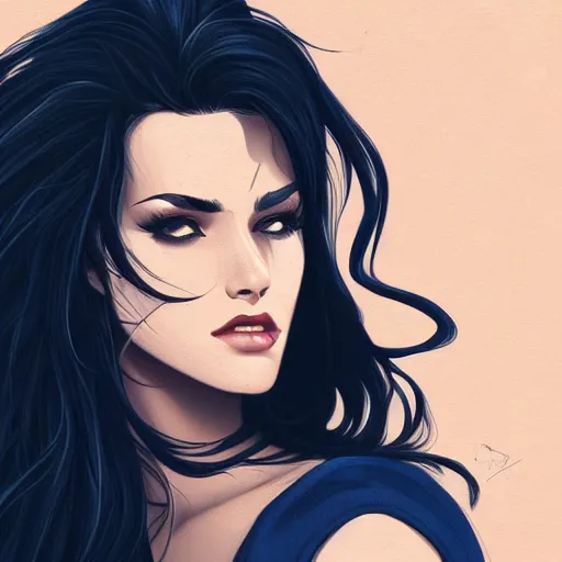 Image similar to a stunning upper body portrait of a beautiful woman with navy blue tinted black hair blowing in the wind by marvel comics, digital art, trending on artstation