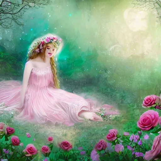 Prompt: a beautiful young girl, full body floating in the air in the secret garden, pale face, turquoise eyes, curly blond, angel face, pointed ears, roses in her hair, realistic, fairy look, long white hyperdetailed dress in pale pink and white, cinematic, trending on art station