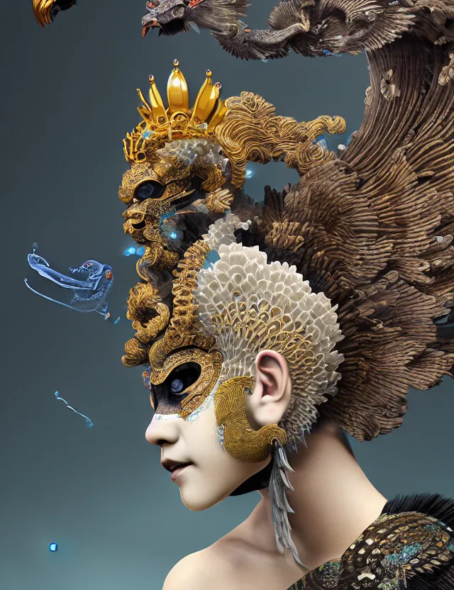 Image similar to 3 d goddess close - up profile portrait with crown, ram skull. beautiful intricately detailed japanese crow kitsune mask and clasical japanese kimono. betta fish, jellyfish phoenix, bio luminescent, plasma, ice, water, wind, creature, artwork by tooth wu and wlop and beeple and greg rutkowski