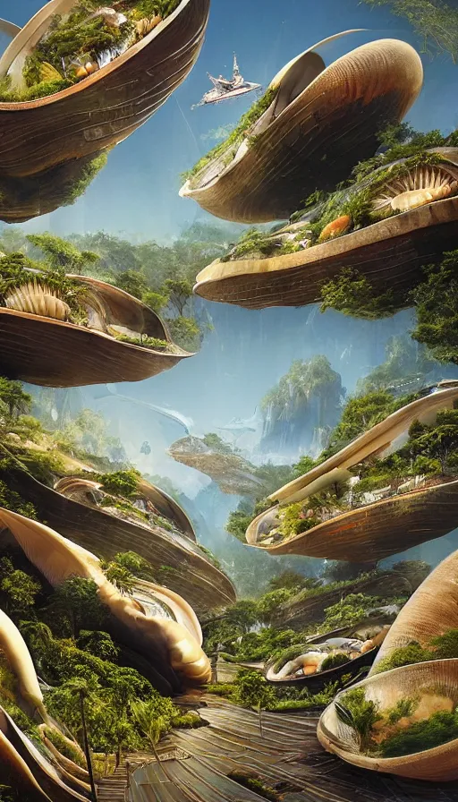 Image similar to beautiful portrait of bamboo living pods shaped like a sea shell built on the side of a cliff, the time machine, spaceship by john berkey, panoramic view, ssci - fi, futuristic valley, rendered in octane, zbrush, rendered in cinema 4 d, art by artgerm, artwork by alex grey and brian froud and esao andrews and david hardy