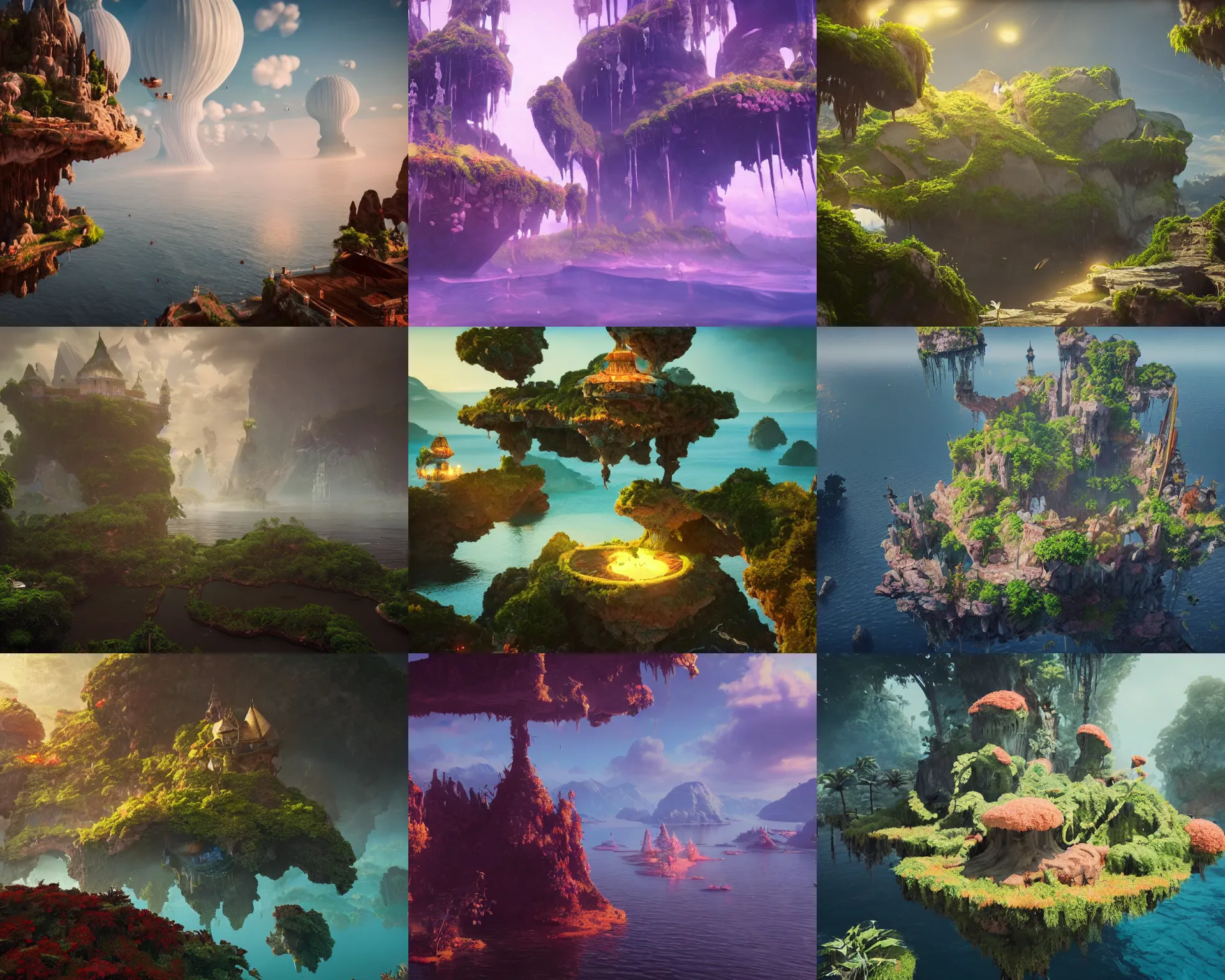 Prompt: gorgeous floating fantasy island, mind blowing, ethereal, magical, artstation, octane render, unreal engine 5, cinematic concept art, 8 k 4 k hd
