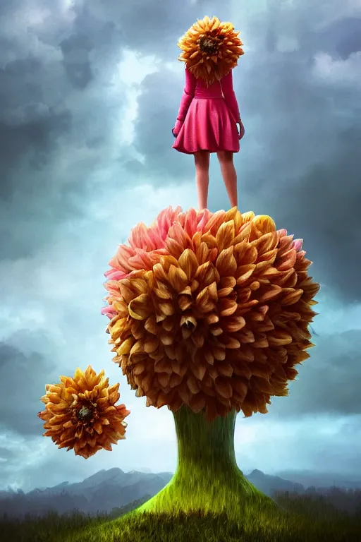 Image similar to closeup girl with giant dahlia flower head, standing on mountain, surreal photography, blue storm clouds, dramatic light, impressionist painting, digital painting, artstation, simon stalenhag