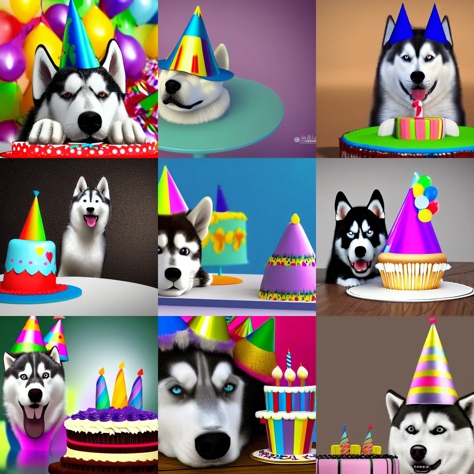 Prompt: husky wearing a party hat next to a birthday cake, 3 d, digital art, very detailed, realistic, 4 k hd