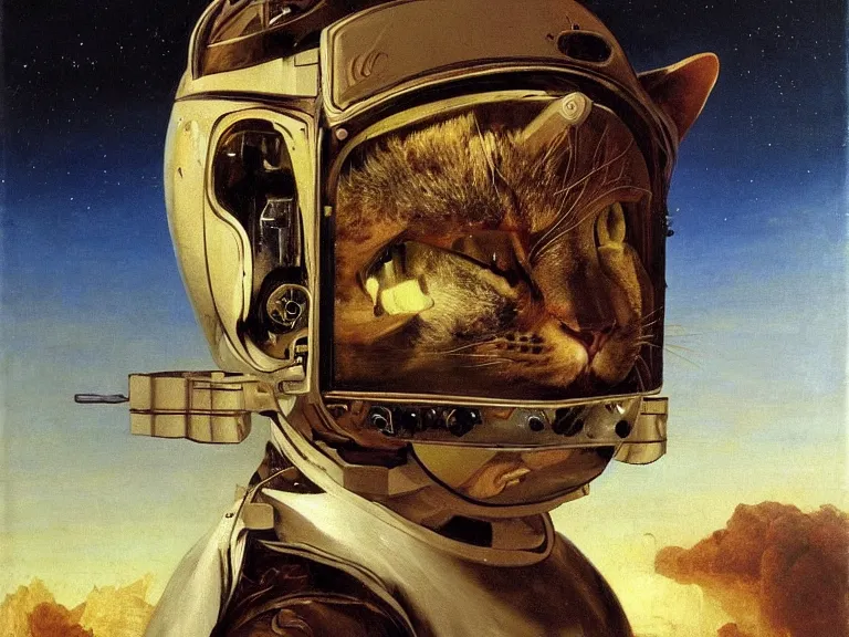 Image similar to an oil painting profile of a cat in a spacesuit, symetrical and detailed with science fiction theme by beksinski carl spitzweg and tuomas korpi. baroque elements, full-length view. baroque element. intricate artwork by caravaggio. Trending on artstation. 8k