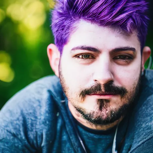 Image similar to a portrait of a queer man with purple hair, 4k, photorealistic, shallow depth of field