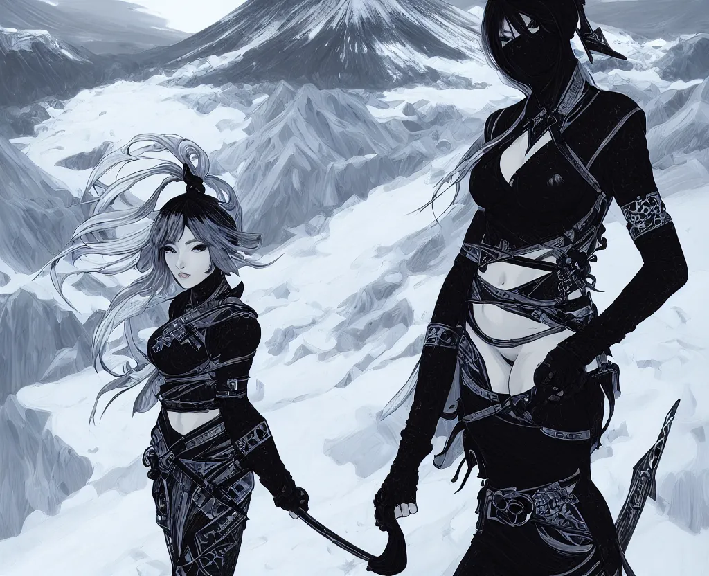 Image similar to portrait ninja gaiden girl, black plus white ninja wardrobe, at snowy fuji mountain sunrise, ssci - fi and fantasy, intricate and very very beautiful, detailed, digital painting, artstation, concept art, smooth and sharp focus, illustration, art by tian zi and wlop and alphonse mucha