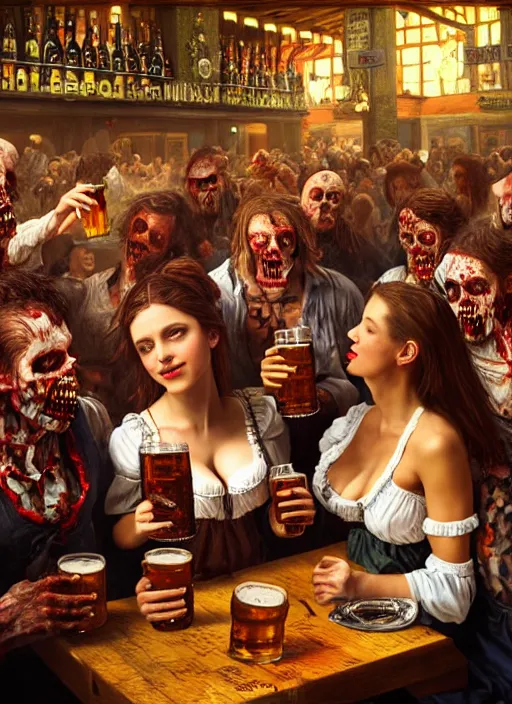 Prompt: large octoberfest invite card, a zombie drinking beer, crowded bar, photoshoot, 4 k, hyper realistic, natural, highly detailed, digital illustration, trending in artstation, classical painting, smooth, sharp focus art by ilya repin