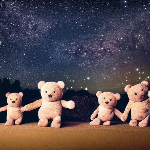 Image similar to a group of teddy bears holding hands under a starry sky