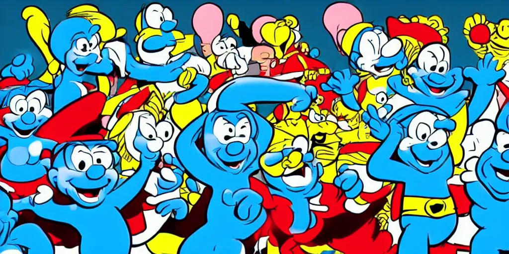 Image similar to the smurfs as superheroes, animation, cell animation, in the style of hanna barbera