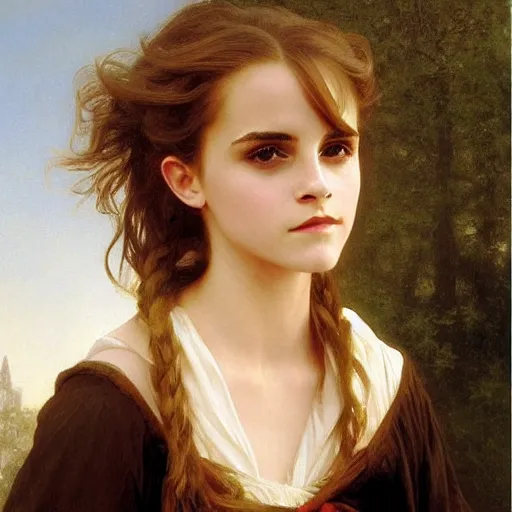 Prompt: painting of emma watson as hermione granger. beautiful. gorgeous. during golden hour. art by william adolphe bouguereau.