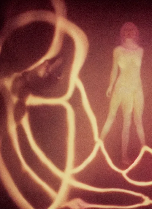 Image similar to a symmetrical female astral projection, liquid glowing aura, out of body experience, heavenly, film grain, cinematic lighting, experimental film, shot on 1 6 mm