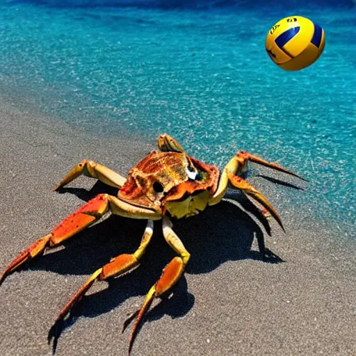 Prompt: a crab and a lizard playing volleyball on a beach while C++ drowns in the sea