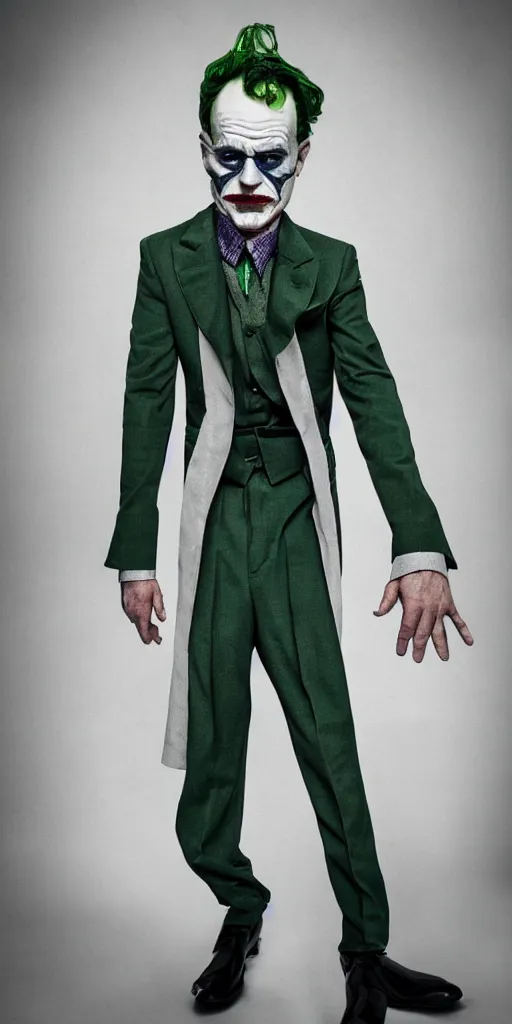 Prompt: walter white wearing the joker suit, fashion photography, full shot