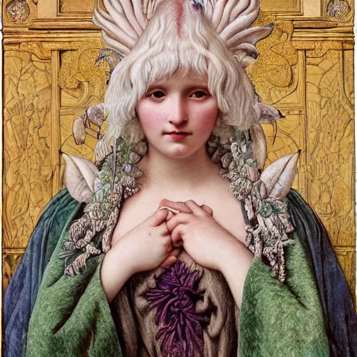 Image similar to hyperrealistic detailed portrait of ivory beautiful demonic witch, art by ernst haeckel, john william godward, hammershøi, alphons mucha, pontormo, ornamental, decorative, art nouveau pattern, deep pastel colors,