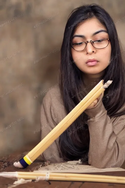 Image similar to Diwani calligrapher shy woman with brown hair in beige hoodie writing on magical paper bamboo pen sparks of it fantasy