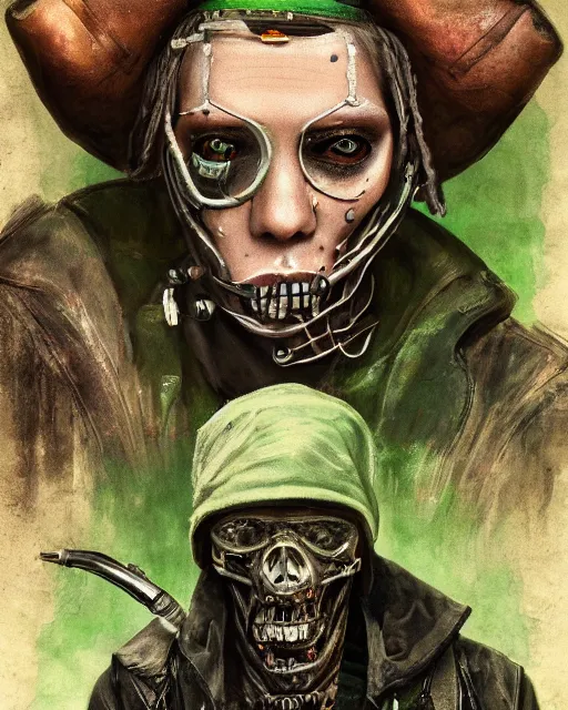 Prompt: an intimate portrait of a gnarly human cyberpunk pirate, old skin, faded hat, crooked teeth, green eyes, a look of menace, detailed matte fantasy painting