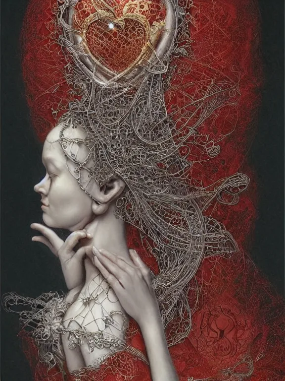 Prompt: a beautiful render of a baroque catholic veiled red queen with symmetry intricate detailed heart sculpture,by LEdmund Leighton, peter gric,aaron horkey,Billelis,trending on pinterest,hyperreal,jewelry,gold,intricate,maximalist,glittering,golden ratio,cinematic lighting