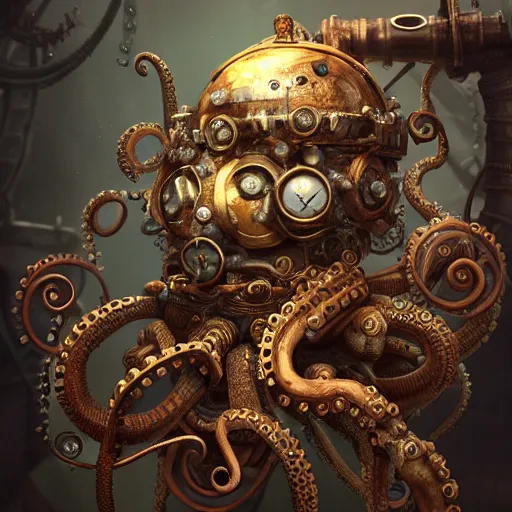 Image similar to underwater steampunk pirate octopus, hyper detailed, digital art, trending in artstation, cinematic lighting, studio quality, smooth render, unreal engine 5 rendered, octane rendered, art style by klimt and nixeu and ian sprigger and wlop and krenz cushart.