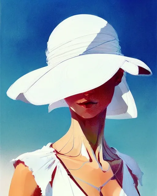Image similar to a ultradetailed beautiful painting of a stylish woman wearing a white dress with a sun hat, by conrad roset, greg rutkowski and makoto shinkai trending on artstation