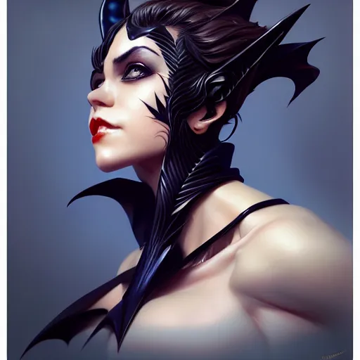 Image similar to 3 / 4 view of a portrait of bat woman with bat wings, confident pose, pixie, genshin impact,, intricate, elegant, sharp focus, illustration, highly detailed, concept art, matte, trending on artstation, anime, art by wlop and artgerm and greg rutkowski, h 6 4 0