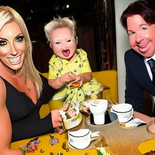 Prompt: jodie marsh & Michael mcintyre & pepper pig tea at the ritz