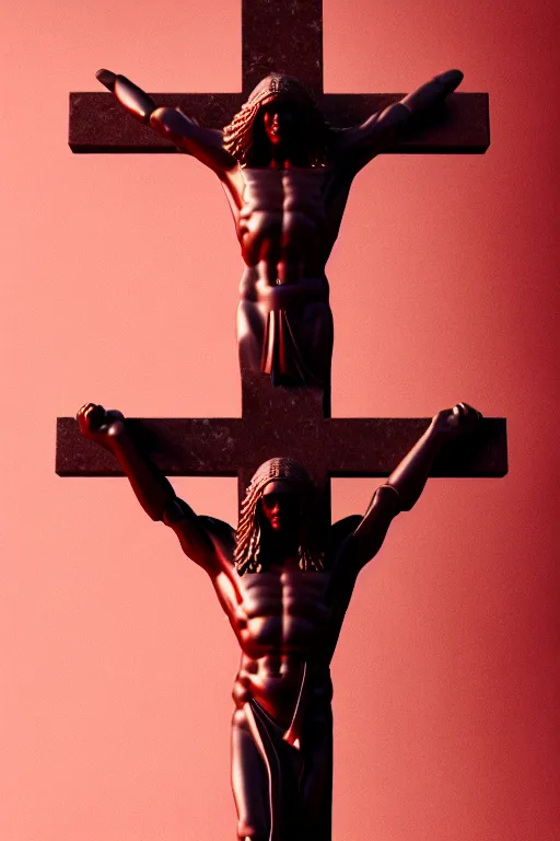 Prompt: a statue jesus on cross made of red marble, perfect symmetrical body, full body shot, inflateble shapes, white biomechanical details, wearing epic bionic cyborg implants, masterpiece, intricate, biopunk, vogue, highly detailed, artstation, concept art, cyberpunk, octane render