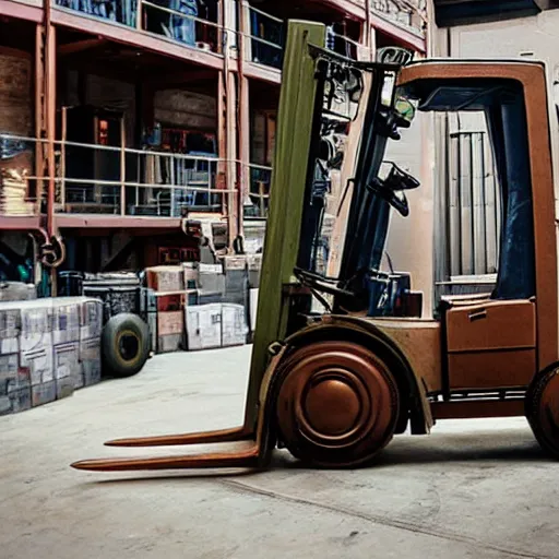 Image similar to photograph of steampunk forklift going downtown