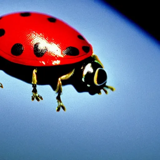 Prompt: promotional still wide angle, a mountain - sized ladybug with three legs roams a barren wasteland, dramatic lighting, ( e. t. the extra - terrestrial ), batteries not included, harry potter, imax, 7 0 mm.