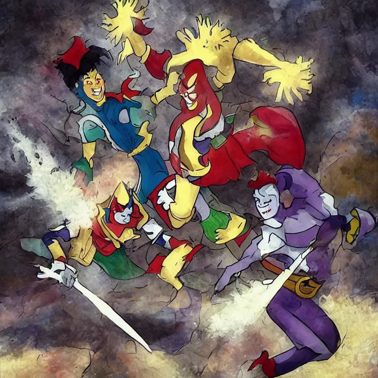 Prompt: “two animated jesters, lance fighting, with superpowers”