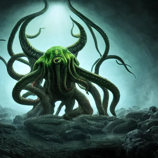 Image similar to full body pose, hyperrealistic photograph of the horror of cthulhu, dim volumetric lighting, 8 k, octane beautifully detailed render, extremely hyper detailed, intricate, epic composition, cinematic lighting, masterpiece, trending on artstation, very very detailed, stunning, hdr, smooth, sharp focus, high resolution, award, winning photo, dslr, 5 0 mm