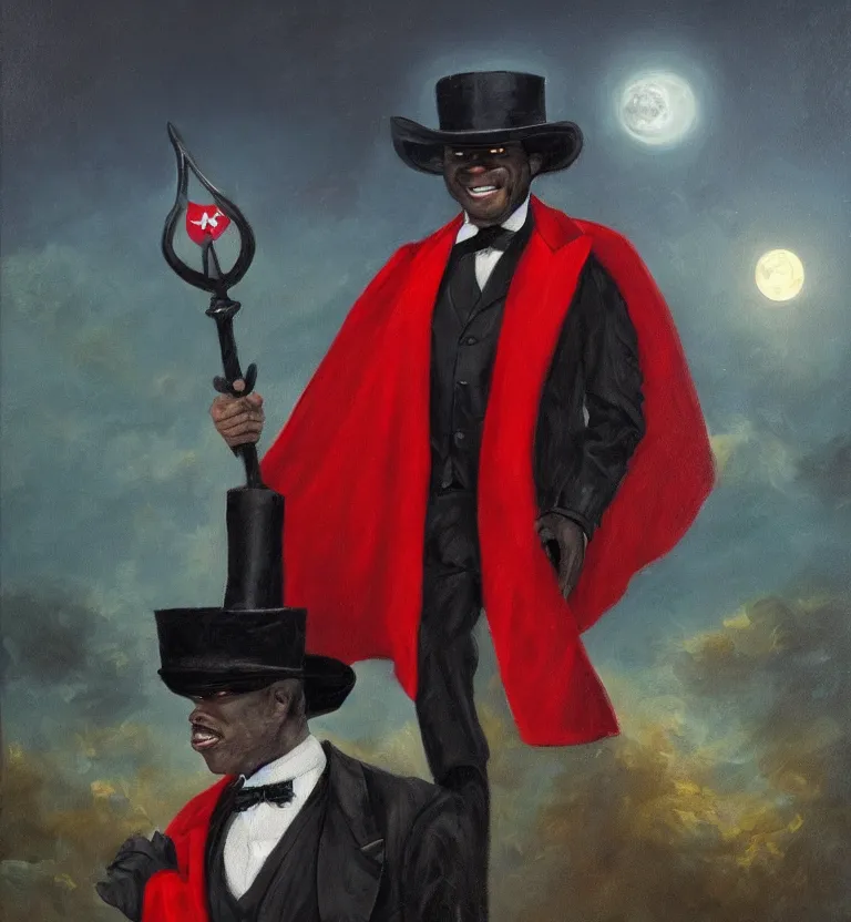 Image similar to a realistic oil painting of a black man in a cemetery at night wearing a top hat that hides his face and a black and red cape while holding a trident, digital art, realistic, detailed, moonlight.