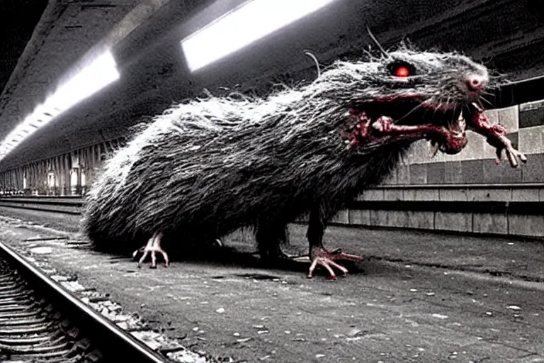 Prompt: very large giant mutant zombie irradiated ( angry rat ) staying on railways in tonnel of moscow subway. tonnel, railways, giant angry rat, furr, fangs, claws, very realistic. extreme long shot, wide angle, herman nitsch and herman nitsch, giger.