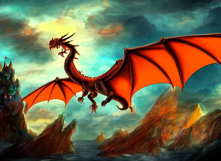 Image similar to orange dragon flying in atlantis, digital wallpaper, dragon, castle, fantasy art, digital art, artwork, perspective, detailed