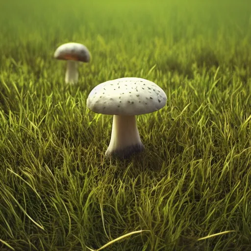 Prompt: A single mushroom growing from a field of grass, depth of field, octane render, HDR, 4K