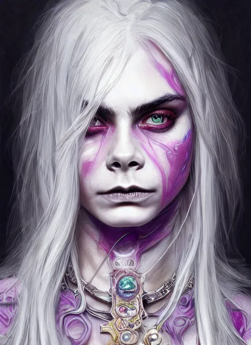 Image similar to Cara Delevigne, white hair, magenta shirt, gentle smile, beautiful detailed eyes, dirty, fantasy, intricate, rough, highly detailed, digital painting, 4k, HDR, concept art, detailed jewelry, smooth, sharp focus, illustration, art by Artgerm, H R Giger and Alphonse Mucha