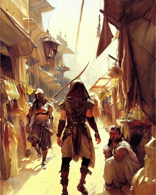 Prompt: fantasy concept art by anders zorn depicting colin farrell as an ancient egyptian rogue walking through a busy medieval outdoor bazaar