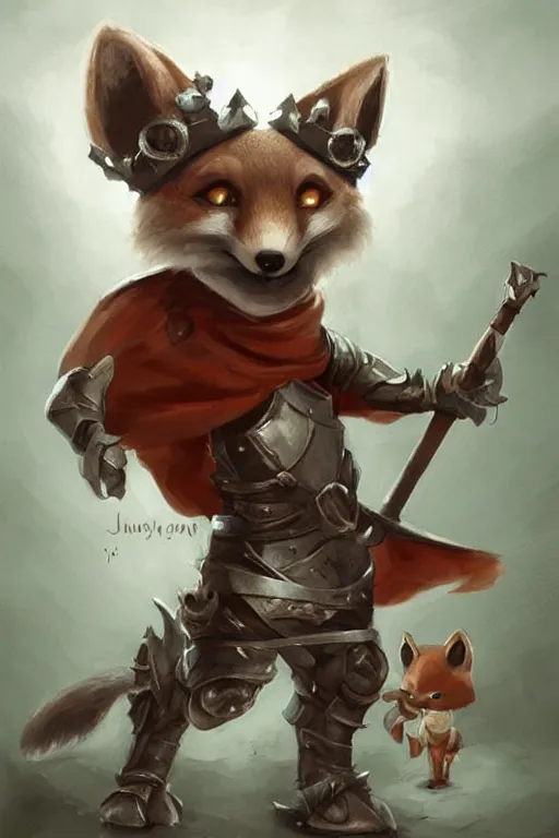 Image similar to cute little anthropomorphic foxy knight wearing a cape and a crown, tiny, small, miniature fox, baby animal, short, pale blue armor, cute and adorable, pretty, beautiful, DnD character art portrait, matte fantasy painting, DeviantArt Artstation, by Jason Felix by Steve Argyle by Tyler Jacobson by Peter Mohrbacher, cinematic lighting