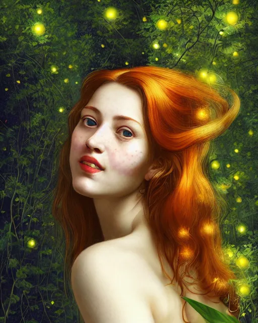 Image similar to a modern looking young woman, among the lights of golden fireflies and nature, long loose red hair, intricate details, green eyes, small nose with freckles, beatiful smiling face, golden ratio, high contrast, hyper realistic digital art by artemisia lomi gentileschi and caravaggio and artgerm.