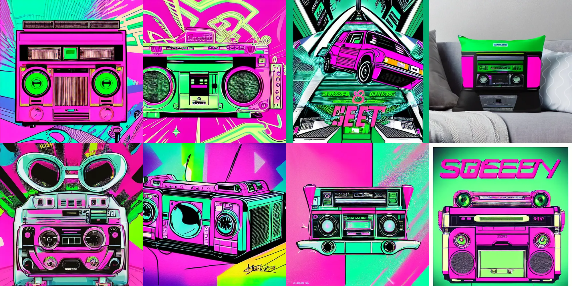 Prompt: ghetto blaster, 8 0 s, futuristic, agressive, speed, pink and green, urban street, ultra detailed, iconic, epic cover, colorfull