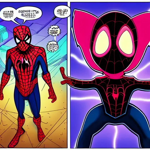 Image similar to spiderman miles morales with pink suit and yellow glowing eyes, and alien ears, comic style cinema c 9. 0