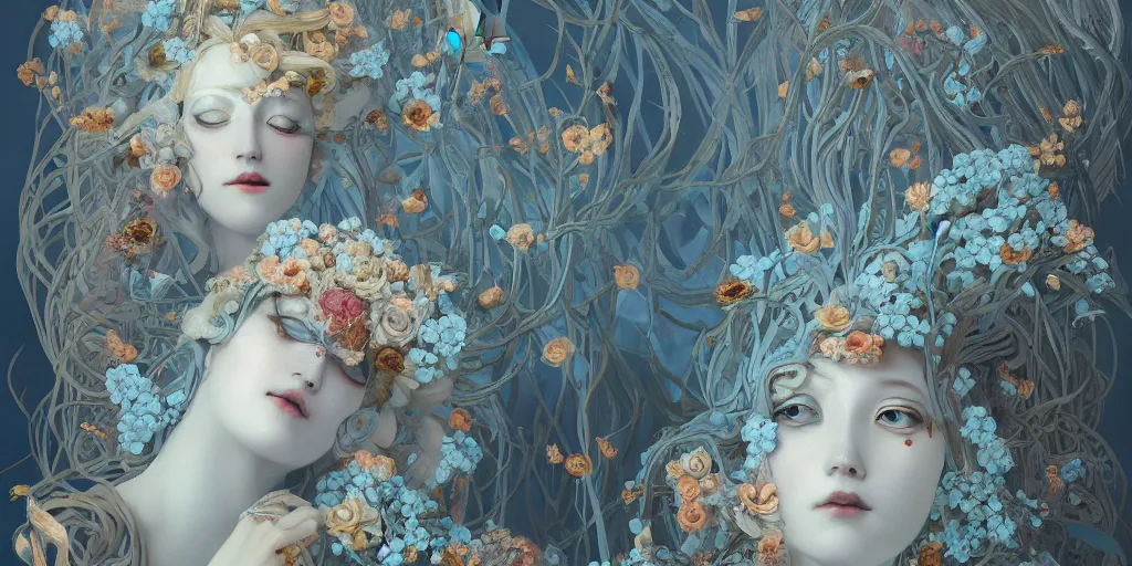 Image similar to breathtaking detailed concept art painting art deco pattern of blonde faces goddesses amalmation light - blue flowers with anxious piercing eyes and blend of flowers and birds, by hsiao - ron cheng and john james audubon, bizarre compositions, exquisite detail, extremely moody lighting, 8 k