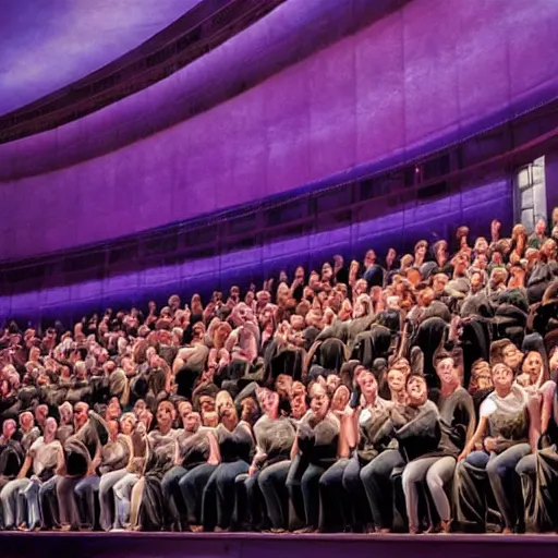 Image similar to opera house filled with audience watching an opera of a sad cat alone on the stage