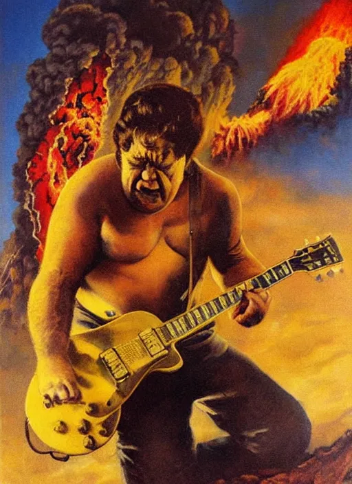 Prompt: john goodman shredding on a gibson les paul, painting by frank frazetta, heavy metal artwork, bad motherfucker playing a face - melting solo while a volcano erupts, high intensity