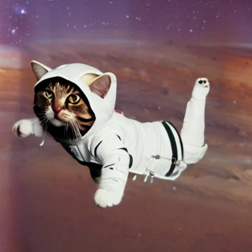 Image similar to cat with astronaut suit flying over the jupiter, photo