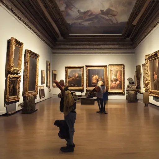 Prompt: a professional photo of a museum full of classical oil paintings. in the middle of the floor stands person, holding a camera.