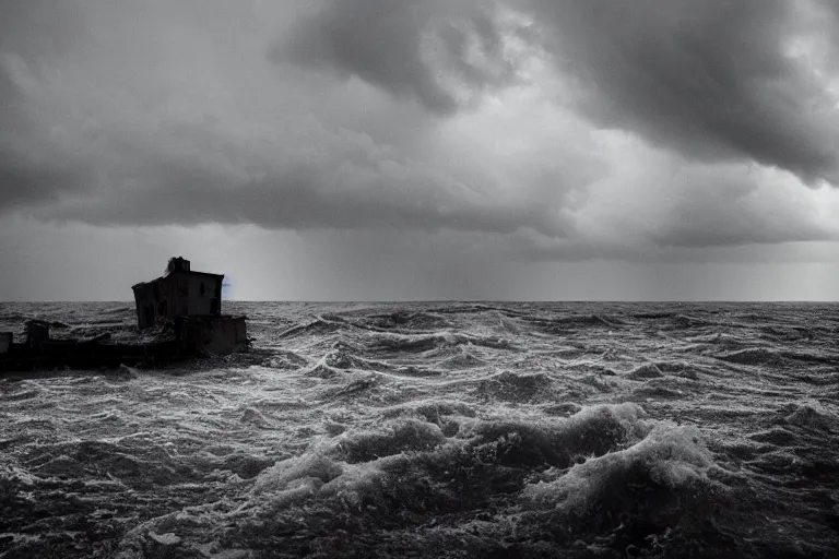 Image similar to danila tkachenko, low key lighting, an abandoned high soviet apartment building in the middle of the stormy ocean, a shipwreck, storm, lighning storm, crashing waves, dramatic lighting