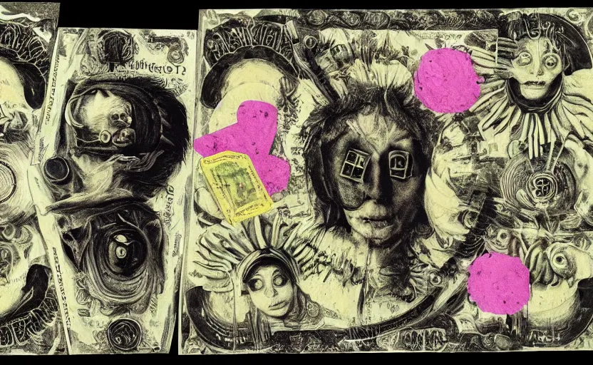 Image similar to post - punk new age album cover, asymmetrical design, dollar bank notes, capitalism, magic, apocalypse, psychedelic, black white pink, magic, giger h. r., giuseppe arcimboldo