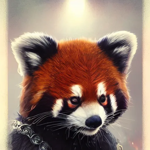 Image similar to Anthropomorphized red panda, D&D, fantasy, cinematic lighting, highly detailed, digital painting, artstation, concept art, smooth, sharp focus, illustration, warm light, cozy warm tint, magic the gathering artwork, volumetric lighting, 8k, no gold, no gold colours, art by Akihiko Yoshida, Greg Rutkowski