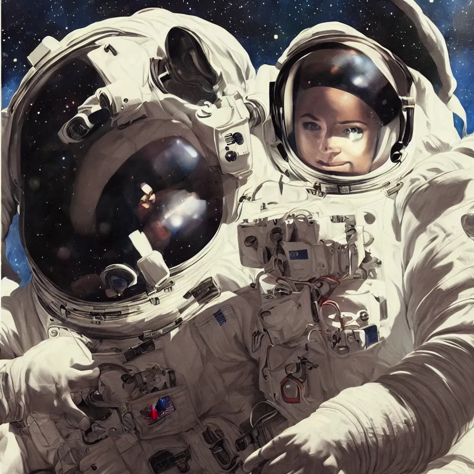 Prompt: astronaut with headphone, beautiful, cinematic, illustrated by alex ross