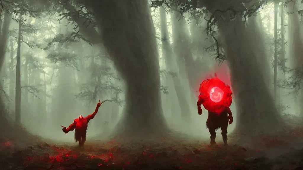 Prompt: An ogre holding a red glowing shield in a foggy Forrest, highly detailed oil painting, epic fantasy art, abstraction, masterpeice, 8k